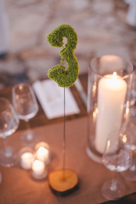 #table-numbers, #moss Photography: Jason + Anna Photography - jasonandannaphotography.com Read More: http://www.stylemepretty.com/2014/08/13/rustic-chic-austin-wedding-at-the-wildflower-center/ Moss Table Numbers Wedding, Moss Table Numbers, Vintage Table Number Ideas, Moss Centerpiece Wedding, Vintage Table Numbers, Unique Table Numbers, Moss Centerpieces, Simple Wedding Reception, Moss Photography