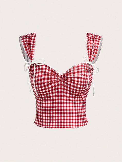 SHEIN EZwear Plaid Sleeveless Top For Women With Sweetheart Neckline And Knotted FrontI discovered amazing products on SHEIN.com, come check them out! Red Gingham Top, Aries Rising, Thai Fabric, Check Tops, Gingham Tops, Women Tank Tops, Fashion Wishlist, Red Gingham, Red Pattern