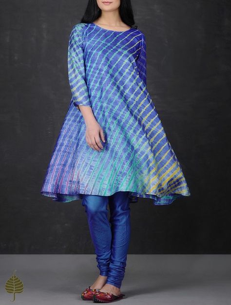 Blue-Green Leheriya Asymmetrical Hem Tussar Silk Kurta by Jaypore Leheriya Kurti Designs Latest, Tussar Silk Kurta, Straight Cut Dress, Ikkat Dresses, Dress Patterns Diy, Kurtas For Women, Mother Daughter Outfits, Latest Dress Design, Frock For Women