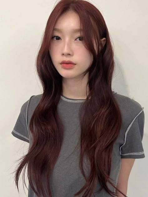 Korean red brown hair: long and wavy hairstyle Korean Red Brown Hair Color, Auburn Hair Color Light, Subtle Brown Red Hair, Trending Korean Hair Color, Makeup For Red Brown Hair, Korean Copper Brown Hair, Asian Hair Colour Brown, Auburn Hair Color On Asian Women, Copper On Asian Hair