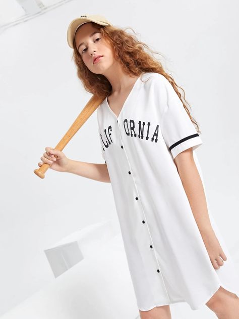 SHEIN Teen Girls Letter Graphic Varsity Striped Shirt Dress | SHEIN USA Stripes Tshirt, Varsity Dress, Game Outfit, Striped Shirt Dress, Baseball Game, Animal Skin, Gaming Clothes, Shein Style, Teen Girls