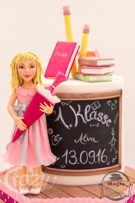 first day of school by Crazy Sweets First Day Of School Cake, Teachers Day Cake, Cake Frosting Designs, College Graduation Cakes, Cake Designs For Girl, Teacher Cakes, Birthday Cake With Photo, School Cake, Gravity Defying Cake