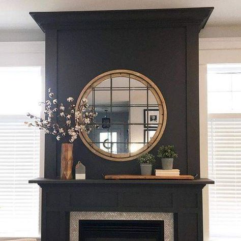 Mantle Black Fireplace, Black Fireplace Mantel, Black Fireplace Wall, Fireplace Redo, Big Clock, Living Room Window, Paint Fireplace, Fireplace Mantle Decor, Black Fireplace