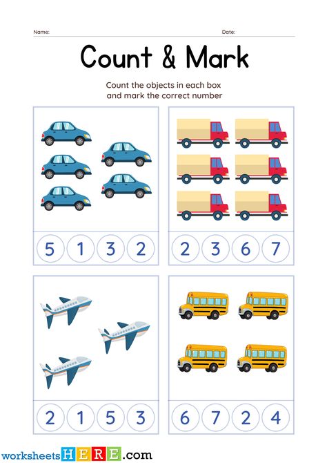 Count the Transports and Mark the Correct Number PDF Worksheet For Kindergarten - WorksheetsHere.com Counting Transportation Worksheet, Number Sequence Worksheet, Rote Counting, Worksheet For Kindergarten, Number Sequence, The Teacher, Kindergarten Worksheets, Classroom Activities, Transportation