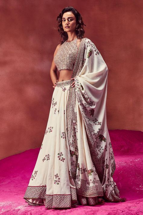 Buy Punit Balana Ivory Tussar Silk Hand Block Print Lehenga Set Online | Aza Fashions Block Print Lehenga Indian, Block Printing Lehenga, Block Print Lehenga, Ivory Lehenga, Punit Balana, Print Lehenga, Printed Dupatta, Wave Print, Wedding Lehenga