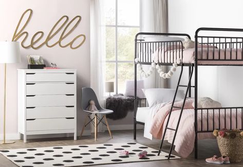 Bunk Bed Girls Room, Black Bunk Beds, Modern Bunk Beds, Calm Nursery, Modern Kids Bedroom, Airbnb Design, Kids Bedroom Design, Playroom Storage, Twin Bunk Beds