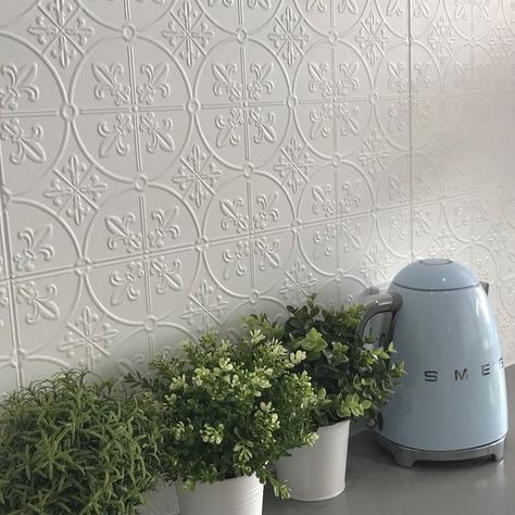 Pressed Tin Splashback, Pressed Tin Backsplash, Splash Back Ideas, 1940s Cottage, Kitchen Splash Back, Kitchen Splashback Tiles, Hamptons Style Homes, French Country Garden Decor, Pressed Tin