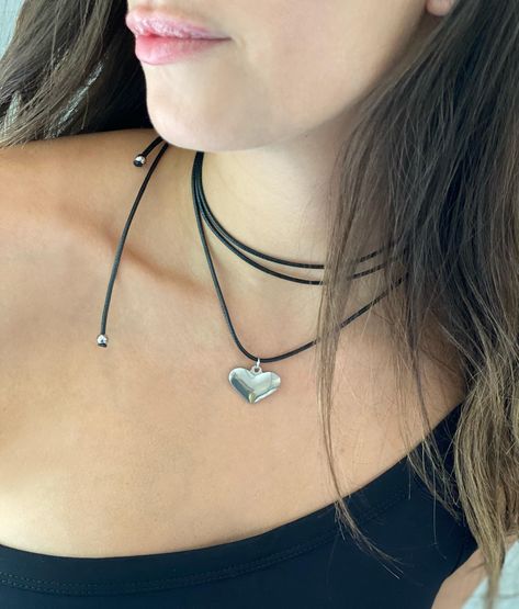 Shiny Texture, Cord Choker, Layered Chokers, Hair Tattoos, Heart Choker, Heart Chain, Gift Jewelry, Cord Necklace, Daughter Gifts