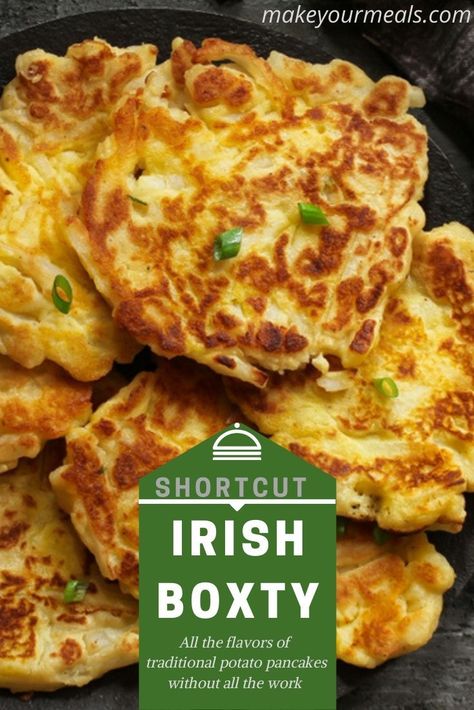 No time to make Irish Boxty? No worries, this easy method with have you enjoying this traditional Irish dish in no time!  #Irish #Ireland #recipe #StPatricksDay #hashbrowns #potato #recipe #potatopancakes #easy #breakfast #lunch #dinner #makeyourmeals Irish Potato Bread Recipe, Boxty Recipe Irish, Irish Baking, Pub Meals, Boxty Recipe, Easy Irish Recipes, Irish Boxty, Irish Recipes Appetizers, Ireland Recipes