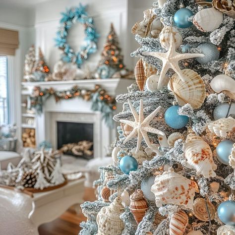 Create a coastal holiday vibe with a whimsical tree featuring starfish, shells, and oceanic accents. Perfect for beach homes this season. Coastal Tree Christmas, Coastal Mantel Decorating Ideas, Coastal Christmas Mantle, Coastal Christmas Tree Ideas, Christmas Decir, Nautical Christmas Decor, Beachy Christmas Decor, Seashell Decorations, Beach House Christmas