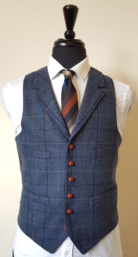 3 Piece Tweed Suit in Blue Herringbone with Double Check — TWEED ADDICT 1930s Tweed Suit, Mens Check Suits, Mens Tweed Suit, Waistcoat Outfit, Tweed Wedding Suits, Irish Fashion, Gentlemen Wear, Tweed Waistcoat, Tweed Vest