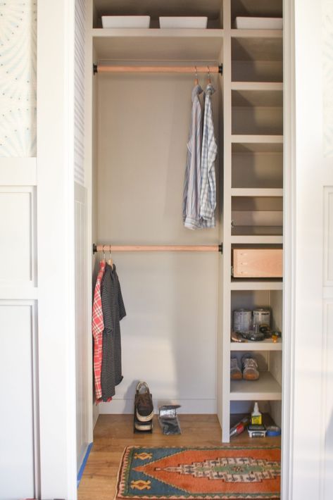 Small Guest Closet Ideas, Small Closet Build Out, Small Closet Organization Hallway, Utilize Small Closet Space, Closet System For Small Closet, Diy Coat Closet Organization, Small Closet Ideas Ikea, Front Closet Storage, Small Closet Remodel Diy