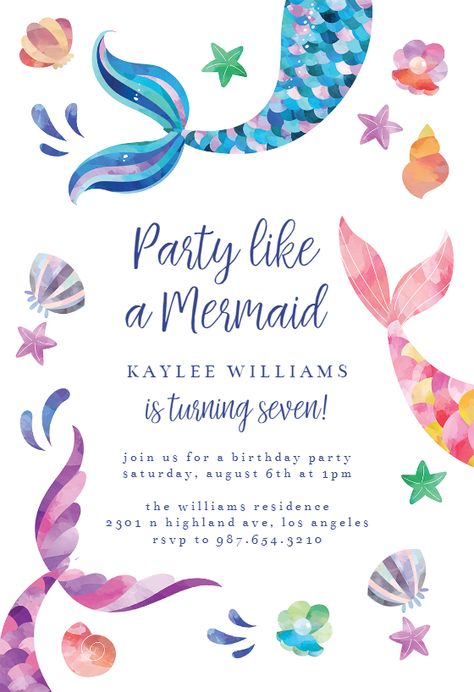 Mermaid Tail - Birthday Invitation Template (free) | Greetings Island Mermaid Birthday Invitations Free, Little Mermaid Invitations, Disneysea Tokyo, Mermaid Party Invitations, Mermaid Pool Parties, Birthday Party Invitations Free, Mermaid Birthday Party Invitations, Mermaid Birthday Party Decorations, Mermaid Theme Birthday Party