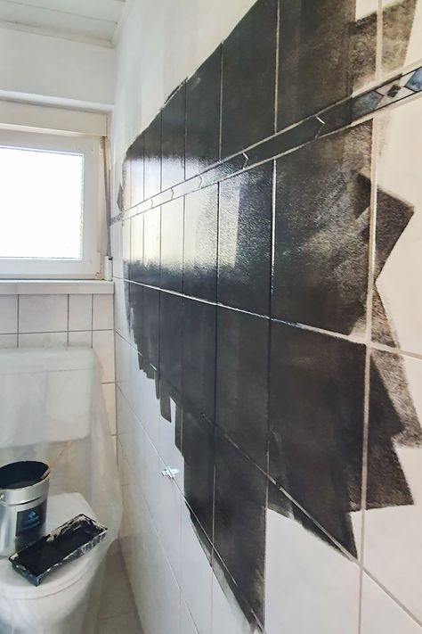 Paint For Bathroom Tiles, Paint Over Tiles Bathroom, Paint Bathroom Tile Black, Bathroom Wall Tile Paint, Black White Kitchen Floor Tiles, How To Paint Subway Tile, Painting Tile Walls, How To Redo Bathroom, Black Tile Paint Bathroom