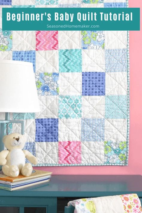 15+ Free Baby Quilt Patterns - The Seasoned Homemaker® How To Make A Baby Quilt, Diy Baby Quilt For Beginners, Free Baby Quilt Patterns Printables, Easy Baby Quilt Patterns Free, Easy Baby Quilts For Beginners, Baby Quilts Patterns Free, Charm Pack Baby Quilt, Easy Baby Quilt, Baby Quilts Easy