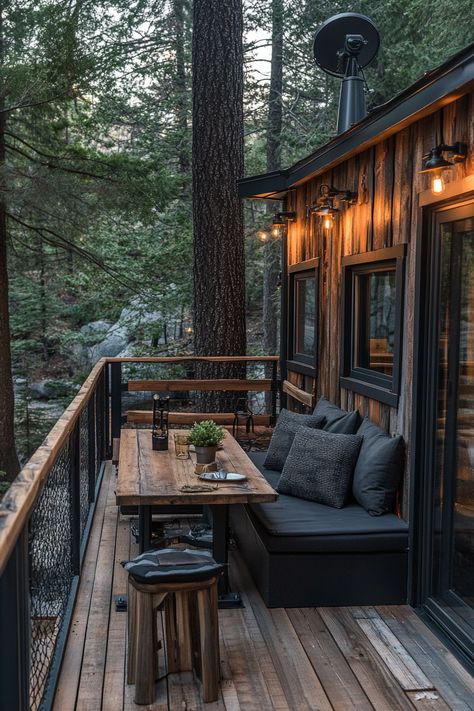 Alpine Tiny House Deck. Fold-down railings with telescope mount.  Perfectly nestled in nature's heart, are gorgeously designed mountain-view porches you need to see! In this article, we reveal 46 spectacularly designed porches that invite you to sit back, sip warm coffee and enjoy the uninterrupted panorama of towering peaks under the open sky. Whether you dream of a rustic…  Read more: https://tastyinteriors.com/generated-post-46-mountain-view-porch-design-ideas/ Outdoor Cabin Furniture, Mountain Deck Ideas Outdoor Living, Cabin Deck Railing Ideas, Mountain Deck Ideas, Cabin Deck Ideas, Deck Off Bedroom, Tiny House Deck, Rustic Deck, Cabin Deck