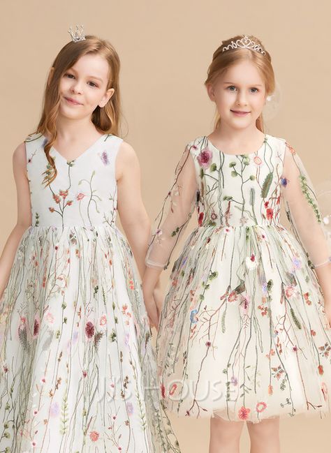 A-Line Floor-length Flower Girl Dress - Jacquard Sleeveless V-neck With Flower(s)/Bow(s) (010206294) - JJ's House Flower Girl Dresses Knee Length, Sleeveless Flower Girl Dresses, Long Flower Girl Dresses, White Veil, Princess Flower Girl Dresses, Girls Long Dresses, Girls Lace Dress, Girls Dresses Online, Ball Gowns Princess