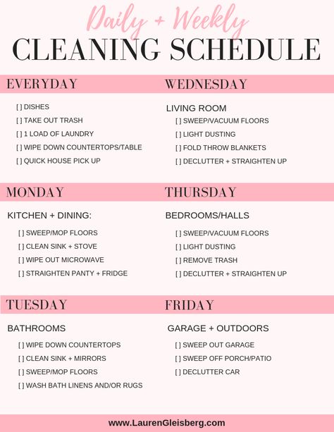 DAILY HOUSE CLEANING SCHEDULE + CHECKLIST - Lauren Gleisberg Cleaning Chore Chart For Adults, Sahm Chore Schedule, Simple Daily Cleaning Schedule, Daily Checklist For Adults, Best Daily Schedule For Adults, Weekly Chore Chart For Adults Cleaning Schedules, Daily House Chores List For Adults, Weekly Chore Charts For Adults, Simple Weekly Cleaning Schedule