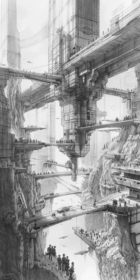 Full Color Image in ai-img-gen.com 🔸 A pencil sketch depicting a futuristic city built upon cliffs and bridges, with towering structures ... 🔸 From Midjourney AI Image Future Architecture, Comic Tutorial, World Of Darkness, Color Image, Futuristic City, White Wolf, Urban Life, Futuristic Architecture, Architecture Sketch