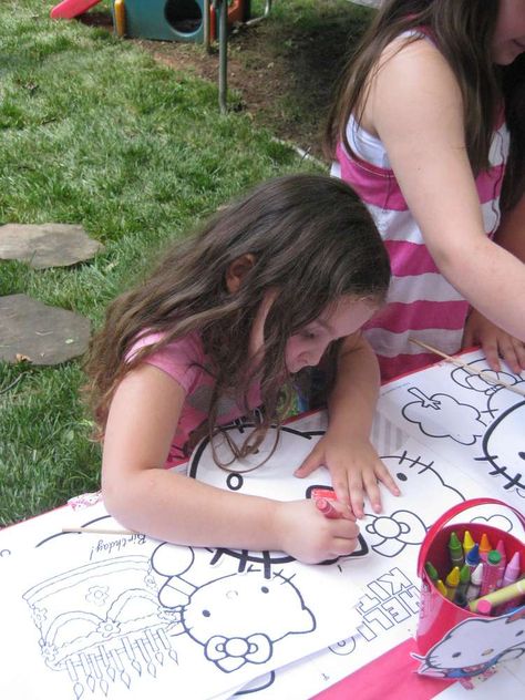 Julia's 5th Hello Kitty Party | CatchMyParty.com Coloring Station, Kitty Birthday Party Ideas, Hello Kitty Birthday Party Ideas, Birthday Hello Kitty, Hello Kitty Games, Hello Kitty Theme Party, Kitty Birthday Party, Coloring Paper, Kitty Party Games