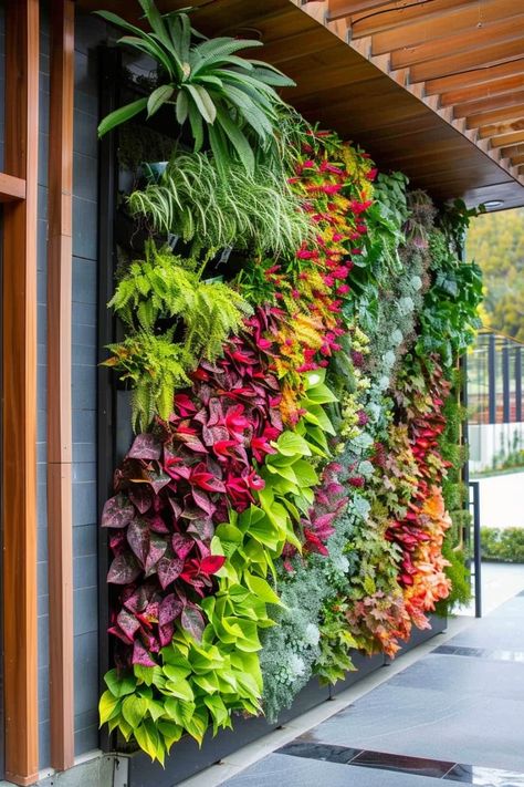 Design areas for seating, dining, or relaxation with outdoor furniture, fire pits, or patios. Interior Green Wall, Green Wall Garden, Wall Planters Outdoor, Vertikal Garden, Vertical Garden Plants, Green Wall Design, Grow House, Green Patio, Wall Green