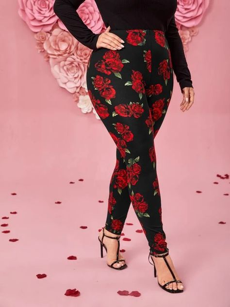 EMERY ROSE Plus Allover Floral Print Leggings for Sale Australia| New Collection Online| SHEIN Australia Rose Leggings, Floral Print Pants, Stretchy Leggings, Valentines Outfits, Dark Wear, Plus Size Leggings, Plus Size Kleidung, Plus Size Pants, Print Leggings