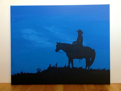 Canvas Painting - Cowboy Silhouette Western Painting Canvas, Silhouette Acrylic Painting, Silhouette Paintings, Western Canvas, Cowboy Silhouette, Horse Canvas Painting, Aspen Art, Wine And Canvas, Anniversary Art