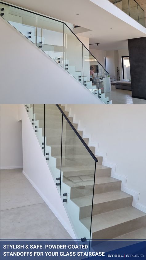 They may seem small but power-coated standoffs can enhance your entire space. Not only elegant, but standoffs also provide support for your glass balustrades, ensuring the safety of your staircase. Our team can match your existing décor or create a contrasting effect that will make your staircase stand out. Don't let your staircase be an afterthought. Contact us to get started: https://www.steelstudio.co.za/contact/ #PowderCoatedStandoffs #GlassStaircase #Balustrades Glass Balustrade Stairs, Balustrade Design, Interior Railings, Railing Ideas, Glass Staircase, Glass Balustrade, Construction Details, Glass Railing, House Renovation