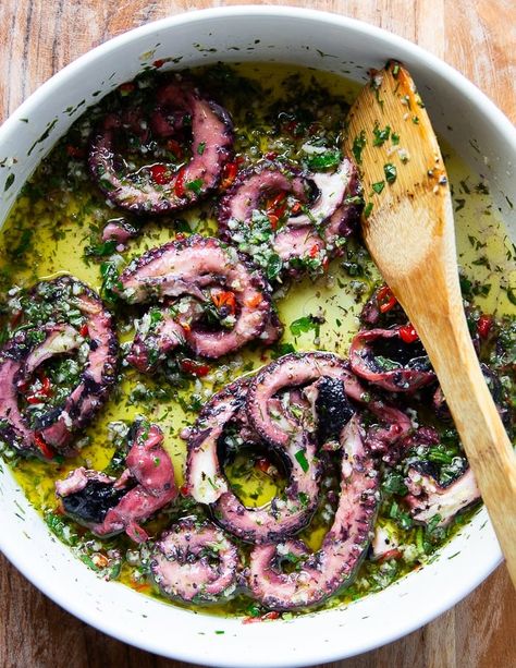 Grilled Octopus • Easy Octopus Recipe {Video} • Two Purple Figs Marinated Octopus Recipe, Greek Grilled Octopus, Best Octopus Recipes, Canned Octopus Recipes, Grilled Octopus Salad, Grilled Octopus Recipe Greek, Baked Octopus Recipes, Octopus Marinade Recipe, Cooked Octopus Recipe