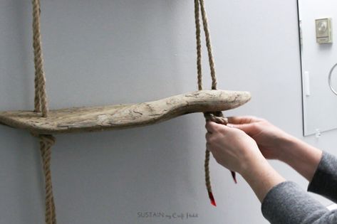 DIY Hanging Rope Shelf with Driftwood – Sustain My Craft Habit Diy Rope Design, Hanging Rope Shelves, Driftwood Shelf, Rope Shelf, Driftwood Diy, Driftwood Projects, Seaside Decor, Rope Shelves, Nautical Wall Decor