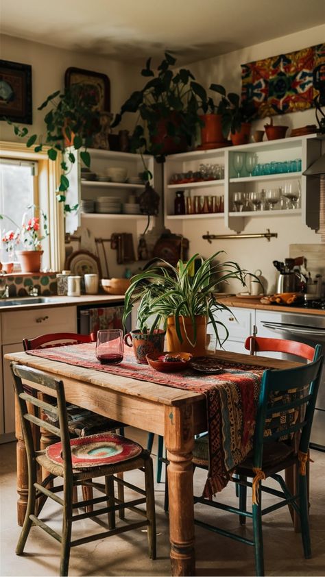 Transform your kitchen into a cozy and eclectic space with boho kitchen decor. Embrace the bohemian style by incorporating earthy tones, macramé accents, and vintage details. Create a unique and inviting atmosphere where you can cook and entertain effortlessly. From rattan light fixtures to vibrant textiles, infuse your boho kitchen with warmth and character. Explore our collection of bohemian kitchen decor ideas to find inspiration for your own stylish culinary sanctuary. Eclectic Boho Dining Table, Earthy Apartment Kitchen, Modern And Vintage Kitchen, Cottage Boho Kitchen, Earthy Tone Apartment, Mid Century Eclectic Kitchen, Contemporary Boho Kitchen, Bohemian Lifestyle Aesthetic, Kitchen Decor Rental