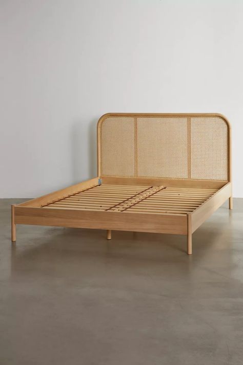 Kieran Cane Platform Bed | Urban Outfitters Urban Outfitters Bed Frame, Cane Bed Design, Boho Bed Frame Wood, Bedframe Ideas For Small Rooms, Bed Makeover Ideas, Cane Headboard Bedroom, Modern Boho Bed, Woven Bed Frame, Boho Bed Frames