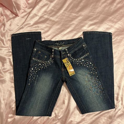 2000s Deadstock Bedazzled Rhinestone Flared... - Depop Mcbling 2000s, Rhinestone Jeans, Y2k Mcbling, Jeans Y2k, Flared Jeans, Flare Jeans, Brand New, Gemstones, Quick Saves