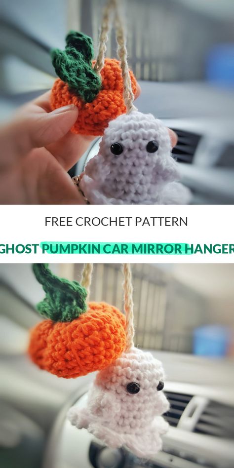 Crochet Halloween Patterns Free, Crochet Halloween Decorations, Car Crochet, Car Mirror Hanger, Pumpkin Patterns Free, Halloween Mirror, Halloween Havoc, Halloween Amigurumi, Car Mirror Hangers