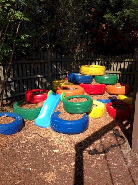 Tire Playground, Diy Kids Playground, Play Area Backyard, Outdoor Play Spaces, Outdoor Play Areas, Diy Playground, Kids Outdoor Play, Outdoor Play Area, Natural Playground