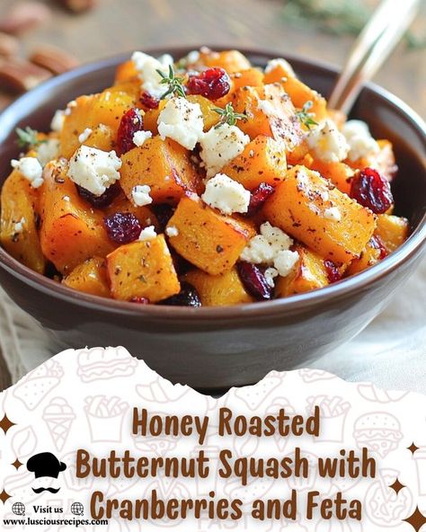 Luscious Recipes | Honey Roasted Butternut Squash with Cranberries and Feta | Facebook Honey Roasted Butternut Squash, Butternut Squash With Cranberries, Luscious Recipes, Butternut Squash Salad, Feta Recipes, Squash Salad, Artichoke Recipes, Butternut Squash Recipes, Healthy Groceries