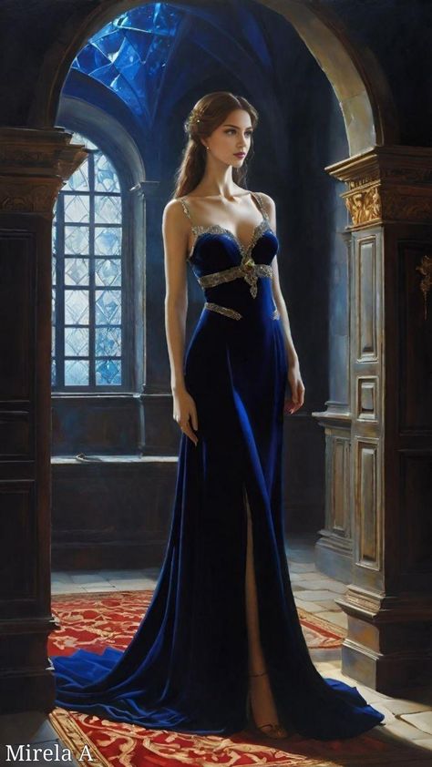 Sapphire Ball Gown, Blue Gown Aesthetic, Blue Elegant Dresses, Royal Dresses Fantasy, Fantasy Queen Dress, Fantasy Gowns Warriors, Blue Fantasy Dress, Blue Medieval Dress, Fantasy Dress Aesthetic