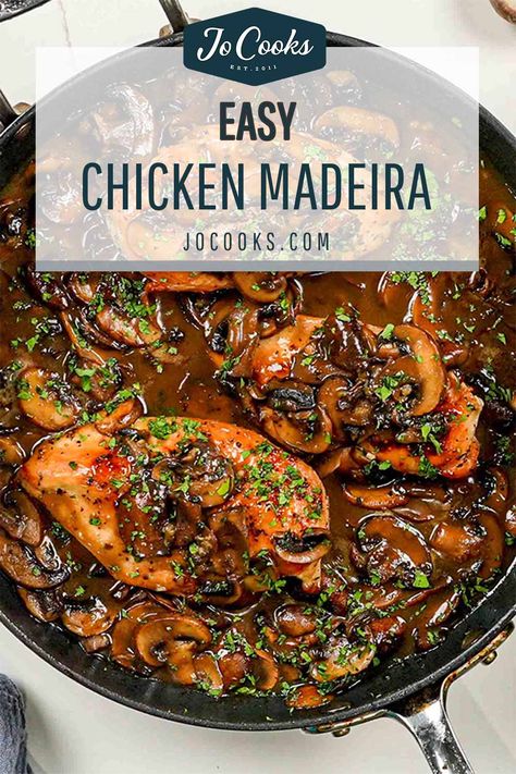 This Chicken Madeira featuring a rich mushroom and wine sauce is made with simple every day ingredients. In under an hour you can have restaurant quality flavor on the dinner table. It's a guaranteed hit to serve guests or a family night in! #chicken #dinner #chickenmadeira #recipe Chicken Maderia, Cooking Wine Recipes, Chicken In Wine Sauce, Red Wine Mushroom Sauce, Chicken Madeira, Red Wine Chicken, Madeira Sauce, Mushroom Wine Sauce, Red Wine Recipe