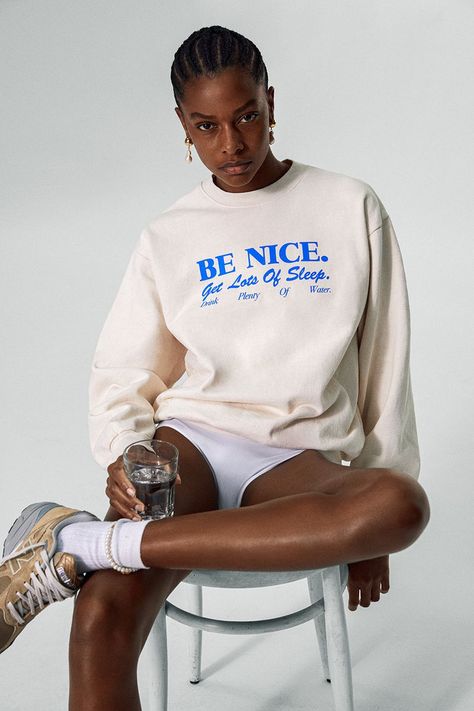 Sporty and Rich Fall Campaign (Various Campaigns) Shirt Design Inspiration, Fun Sweatshirts, Sporty And Rich, Winter 2023, Be Nice, Apparel Design, Perfect Shirt, Weekender Bag, Long Sleeve Sweatshirts