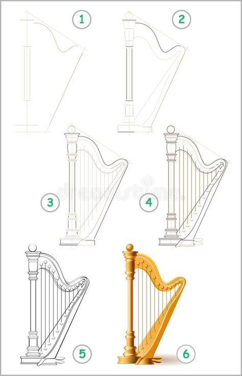 Page shows how to learn step by step to draw stringed musical instrument harp. Vector image. Scale to any size without loss of resolution stock illustration Musical Instruments Drawing, Christian Drawings, Friends Journal, Shading Drawing, Musical Art, Sketches Easy, Mural Wall Art, Drawing Lessons, Simple Doodles