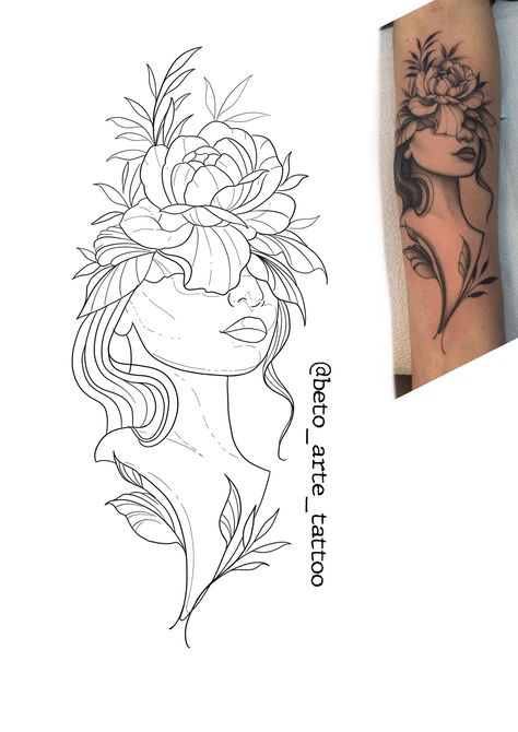 Feminine Strength Tattoo Sleeves, Face Flower Tattoo, Face With Flowers Tattoo, Tattoo Stencil Designs, Full Hand Tattoo, Arm Sleeve Tattoos For Women, Chic Tattoo, Self Love Tattoo, Tattoo Outline Drawing