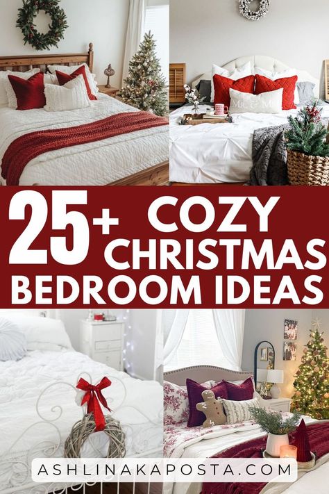 25+ Festive and Cozy Christmas Bedroom Decorating Ideas You Will Want To Copy — ASHLINA KAPOSTA Christmas Cozy Bedroom, Christmas Bedrooms Cozy, Christmas Guest Room, Make Ahead Christmas Appetizers, Cozy Christmas Bedroom, Thanksgiving Floral Arrangements, Holiday Bedding, Winter Bedroom Decor, Elegant Fall Decor