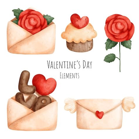 Valentine's day watercolor elements Prem... | Premium Vector #Freepik #vector #valentines-day-card #14-february #valentine-card #valentines-day-heart Valentine Cartoon, Valentines Quotes Funny, Valentines Day Drawing, Valentines Illustration, Love Scrapbook, Watercolor Elements, Cake Printing, Watercolor Clip Art, Valentine Quotes