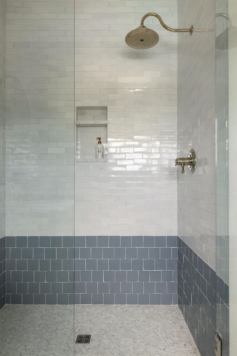 Bria Hammel Interiors Kids Shower Ideas, Navy Bathroom Tile Ideas, Unique Shower Tile Ideas, Blue Subway Tile Bathroom, Shiplap In Bathroom, Blue Shower Tile Ideas, Light Blue Tile, Blue Shower Tile, Bria Hammel Interiors