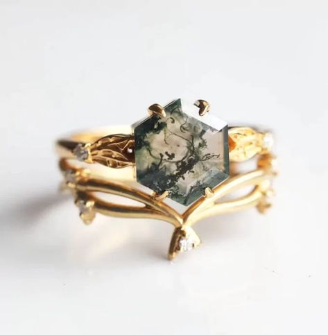 Nesting Wedding Band, Agate Wedding Ring, Agate Wedding, Moss Agate Engagement Ring, Cute Engagement Rings, Detailed Engagement Ring, Agate Engagement Ring, Moss Agate Ring, Agate Ring