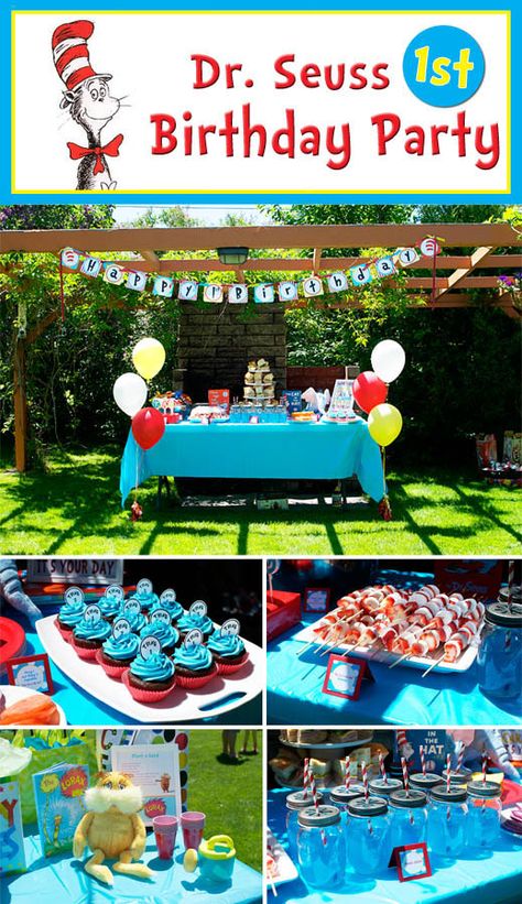 Dr. Seuss 1st Birthday Party {Two FREE Printables!} | cupcakediariesblog.com Dr Seuss First Birthday, Dr Seuss 1st Birthday, Cat In The Hat Birthday, Doctor Suess Birthday, Hat Birthday Party, Cupcake Diaries, Dr Seuss Birthday Party, Dr. Seuss, Minion Birthday Party