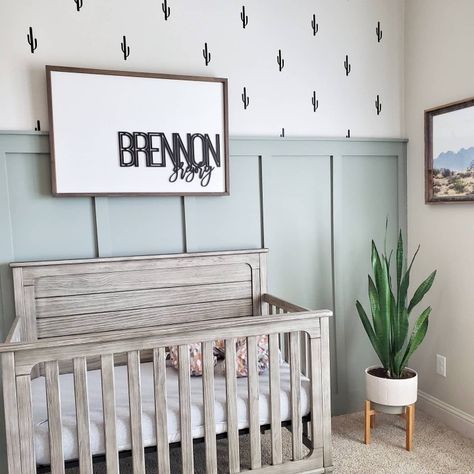 Farrow & Ball Pigeon board and batten, urban wall decals, and DIYed sign. Shop my nursery. Nursery Accent Wall, Baby Nursery Inspiration, Boy Nursery Ideas, Baby Room Neutral, Baby Room Themes, Baby Boy Room Decor, Nursery Room Design, Green Nursery, Baby Room Inspiration