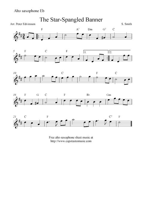 The Star-Spangled Banner, free alto saxophone sheet music notes Saxophone Notes, Alto Saxophone Music, Oboe Music, Alto Sax Sheet Music, Tenor Saxophone Sheet Music, Funny Christmas Songs, Free Violin Sheet Music, Alto Saxophone Sheet Music, Spanish Words For Beginners