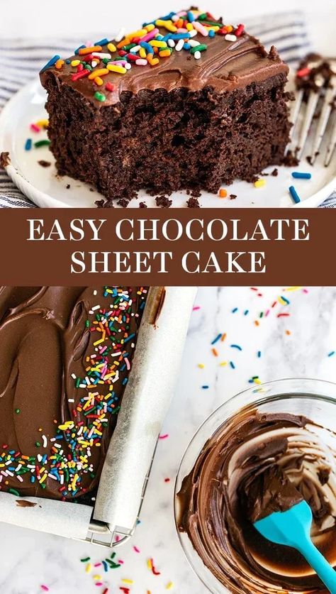 EASY Chocolate Sheet Cake with simple fudge frosting takes just minutes to prepare and doesn't even require an electric mixer. From-scratch crowd pleaser perfect for any birthday party or BBQ! Easily decorated. #chocolatesheetcake #sheetcakedecorated #sheetcakerecipe #easysheetcake Easy Chocolate Sheet Cake Recipe, Easy Chocolate Sheet Cake, Simple Fudge, Church Desserts, Ultimate Cookie Recipe, Chocolate Sheet Cake Recipe, Lemon And Coconut Cake, Sheet Cake Recipe, Handle The Heat