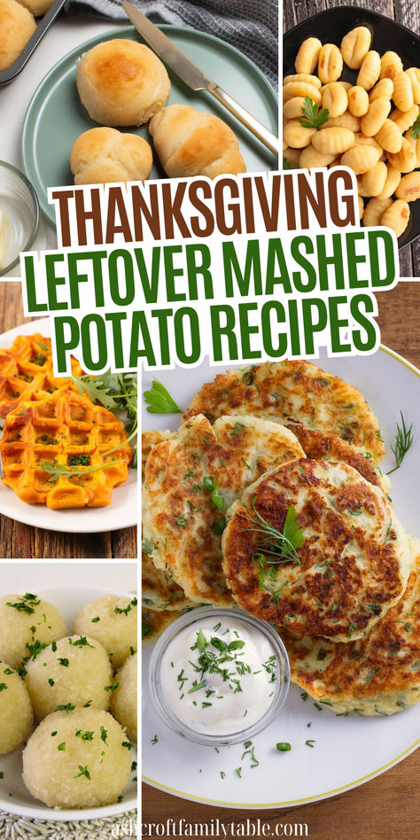 Collage of Thanksgiving leftover mashed potato recipes, including gnocchi, potato cakes, potato soup, latkes, potato balls, and more. Thanksgiving Leftovers Recipes Leftover Mashed Potatoes, Leftover Mashed Potato Dumplings, Mash Potato Leftovers, Leftover Mashed Potato Ideas, Mashed Potato Leftover Recipes Ideas, Mashed Potato Waffles Leftover, What To Make With Leftover Mash Potatoes, Mashed Potatoes Leftover Recipes, Leftover Ham And Mashed Potato Recipes